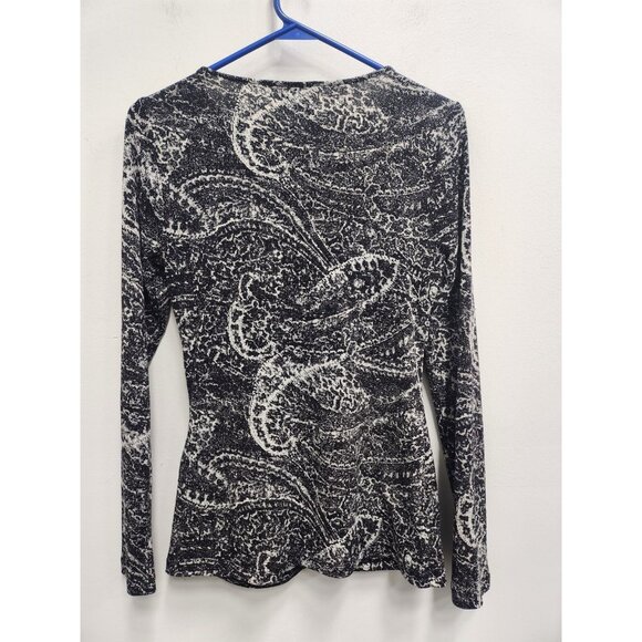 Ann Taylor Top Womens Small Black White Paisley Long Sleeves Ruched Office - Picture 7 of 8
